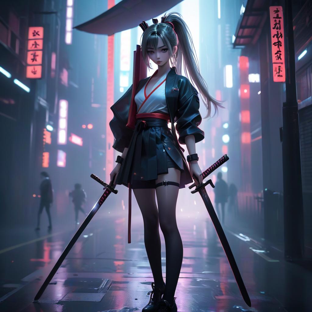  a slender athletic girl with long legs, very high heeled shoes, in her hand a long samurai katana sword, hair tied in a ponytail, in the style of japanese cyberpunk, in bangkok, photo below, in the style of christopher nolan, high quality photography, in an epic pose, glowneon