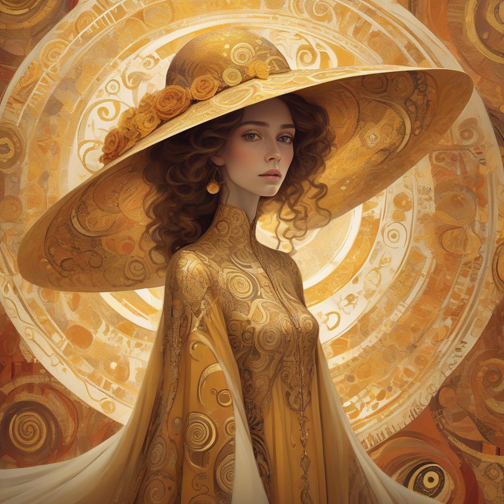  concept art a woman with large, ornate hat and detailed garment in a style reminiscent of gustav klimt's artwork, featuring golden swirls and patterns. woman with a big elegant hat and modest dress with different colours style klimt. warm colours. . digital artwork, illustrative, painterly, matte painting, highly detailed