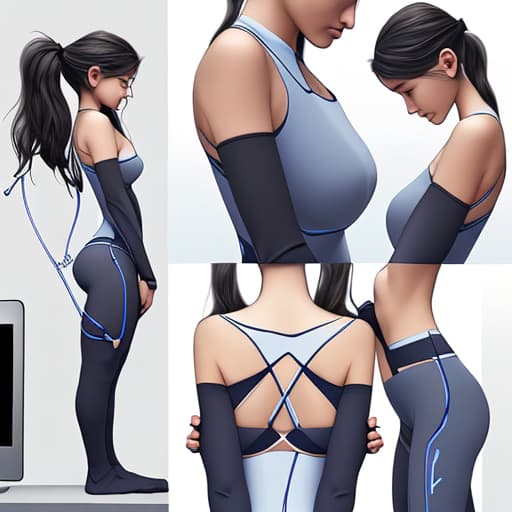  Generate an innovative posture correction item, which is not available on the internet, according to this description: Design Concept: Adapts to body shape for support and comfort. Adjustable and durable for a secure, comfortable fit. 2. Unique Features: - Modular Support Panels: Customizable panels for personalized support. Monitors posture and provides vibrating alerts for corrections. Encourages natural posture with gentle resistance. Fits under clothing or worn as an accessory.