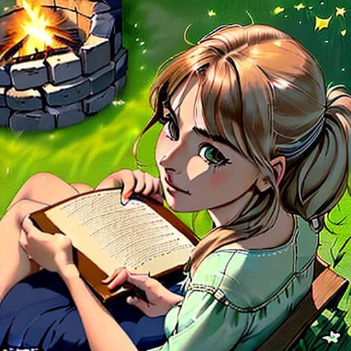  high detail, the girl sits by the fire and flips through the family album, on the grass is a smartphone, summer, earlier morning, stars, wolf