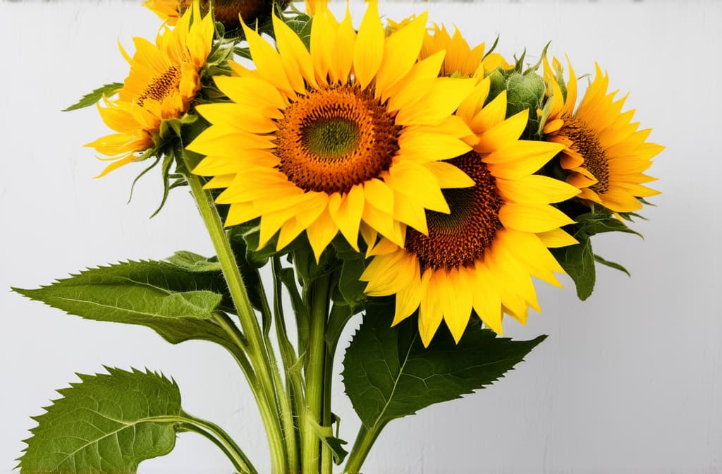  professional detailed photography, close up of a bouquet of sunflowers on a plain background, clear details, sharp details, correct proportions, space for text on the right ar 3:2, (muted colors, dim colors, soothing tones), (vsco:0.3)