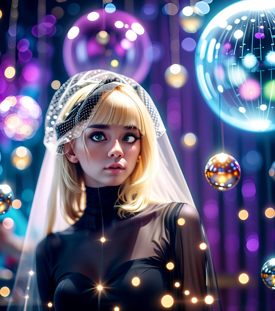  cinematic photo the girl is blonde, in a black top, on the head veil, a large bust, against the background of magic balls. . 35mm photograph, film, bokeh, professional, 4k, highly detailed, perfecteyes, hkmagic, glowneon