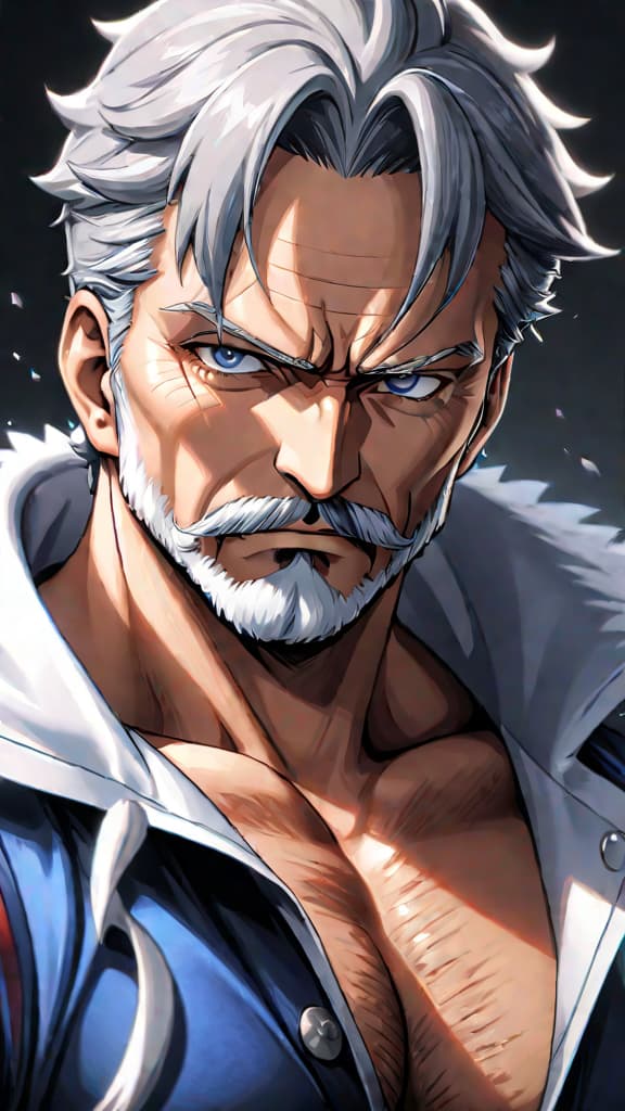  anime art: garp, from one piece, torn between love and duty, paralyzed as ace faces death. hyperrealistic, full body, detailed clothing, highly detailed, cinematic lighting, stunningly beautiful, intricate, sharp focus, f/1. 8, 85mm, (centered image composition), (professionally color graded), ((bright soft diffused light)), volumetric fog, trending on instagram, trending on tumblr, HDR 4K, 8K