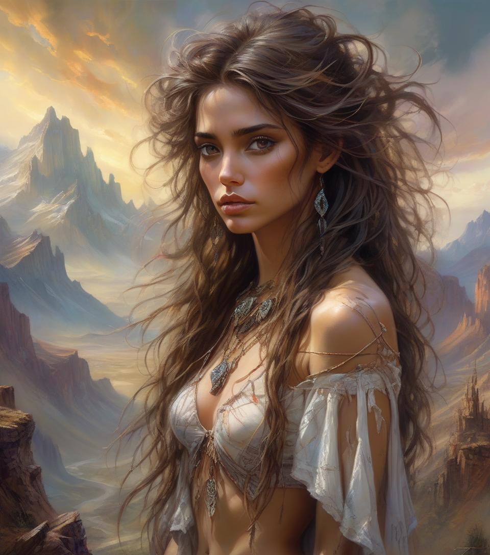  hyper realistic digital painting of a beautiful girl, dark brown eyes, long messy hair, wild west mountains, in a surreal and fantasy setting, combining the artistic styles of jose royo, boris vallejo, julie bell, carne griffiths and brian froud, precise anatomy, with centered symmetrical composition, volumetric lighting, rays, bright color reflections