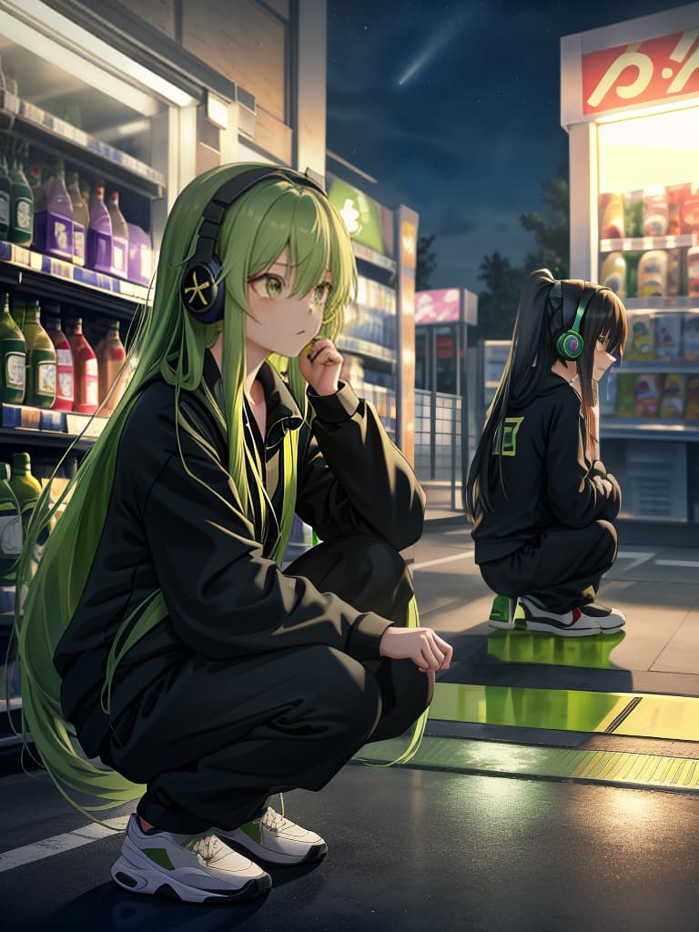  1girl,green hair,(((very long hair))),up angle,(((血眼))),(((headphone))),(((black jogging suits))),(((squatting:1.3))),(((outside the convenience store at night:1.5))),realistic