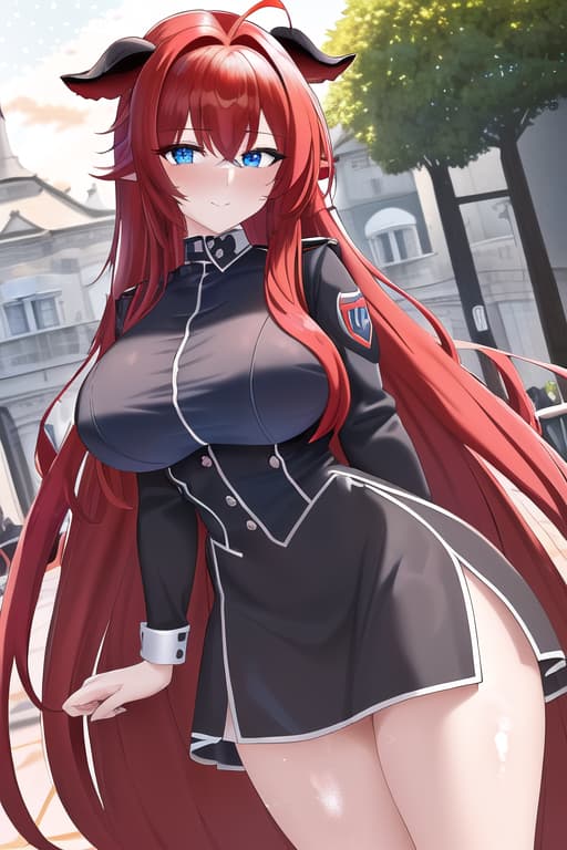  ,masterpiece, best quality, 1women, long red hair, looking at viewer, :3, cute, black uniform, outdoors, streets, cow shot, curvy, (((blue eyes))), rias gremory, red hair, antenna hair, wavy hair, ((beautiful detailed eyes, beautiful detailed glow, lots of glow)), anime screencap