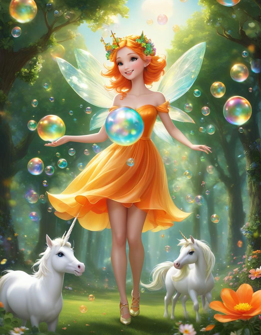  a beautiful fairy with wings, wearing a knee length dress made of orange and green flower petals. the fairy floats just above the ground and blows soap bubbles from a magic wand, she has a bird on her head. next to her is a little white unicorn. he stands up on his hind legs and tries to catch the bubble. there are trees and sky in the background. lots of beautiful bubbles. it's fabulous.