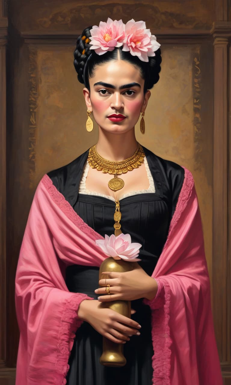  concept art color pink, white, black, gold courtroom frida kahlo holds a huge weight on one finger . digital artwork, illustrative, painterly, matte painting, highly detailed, perfect hands