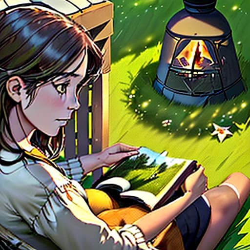  high detail, the girl sits by the fire and flips through the family album, on the grass there is a smartphone, summer, earlier morning, in the sky of a star, next to a wolf