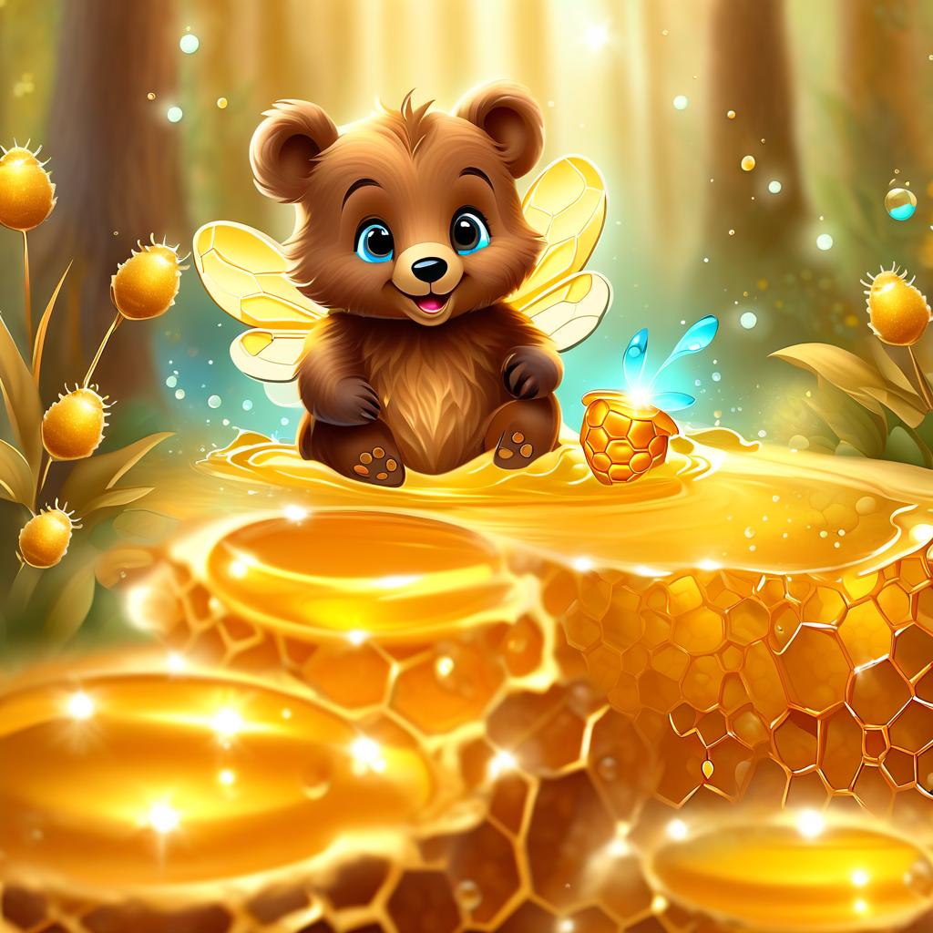  ethereal fantasy concept art of ((greeting card)). ((postcard background)):summer, forest sunny, glade on which sits a cheerful little bear cub with a pot of honey. ((postcard frame1,5)):decorated with golden honey drops and honeycomb in fantasy style.(style):fantasy, fairy tale, art design, postcard, vintage, cartoon, smiling, adorable little bear, honey pot, treat, honey, bees, honeycomb. (colours):brown, light brown, beige, blue, white, gold, turquoise, green, gold and black. . magnificent, celestial, ethereal, painterly, epic, majestic, magical, fantasy art, cover art, dreamy