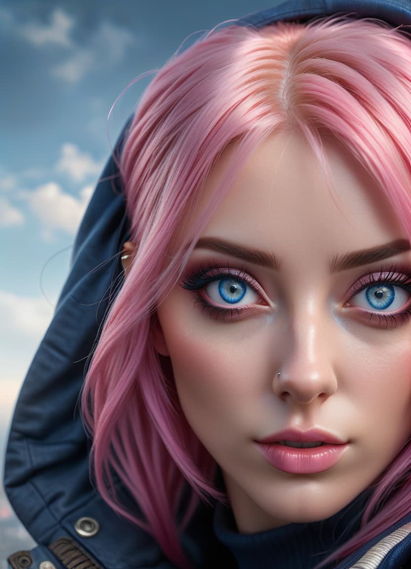  hyperrealistic art girl, dark blue eyes, pink hair. . extremely high resolution details, photographic, realism pushed to extreme, fine texture, incredibly lifelike, perfecteyes hyperrealistic, full body, detailed clothing, highly detailed, cinematic lighting, stunningly beautiful, intricate, sharp focus, f/1. 8, 85mm, (centered image composition), (professionally color graded), ((bright soft diffused light)), volumetric fog, trending on instagram, trending on tumblr, HDR 4K, 8K