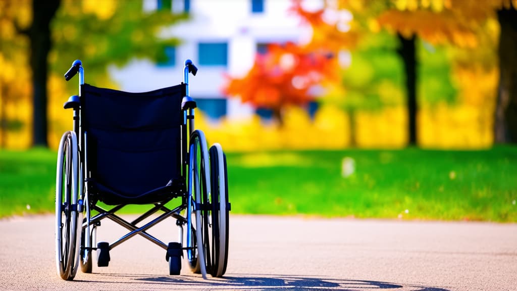  autumn atmosphere. in the distance, a wheelchair with four wheels standing against the background of a hospital. autumn atmosphere. the background is blurred. ar 16:9 {prompt}, maximum details