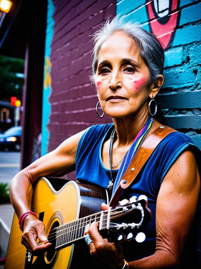  A younger Country singer Joan Baez, medium shot, upper body, spotlight, long exposure lighting, street art style spray paint, glamour lighting