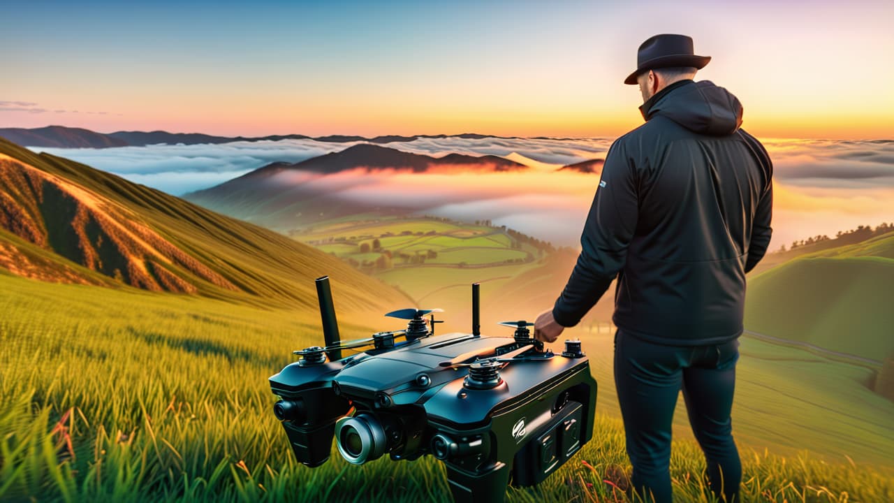  aerial view of a professional drone operator at sunset, adjusting equipment on a scenic landscape, showcasing vibrant colors of the sky and terrain, with a drone hovering nearby capturing breathtaking footage. hyperrealistic, full body, detailed clothing, highly detailed, cinematic lighting, stunningly beautiful, intricate, sharp focus, f/1. 8, 85mm, (centered image composition), (professionally color graded), ((bright soft diffused light)), volumetric fog, trending on instagram, trending on tumblr, HDR 4K, 8K