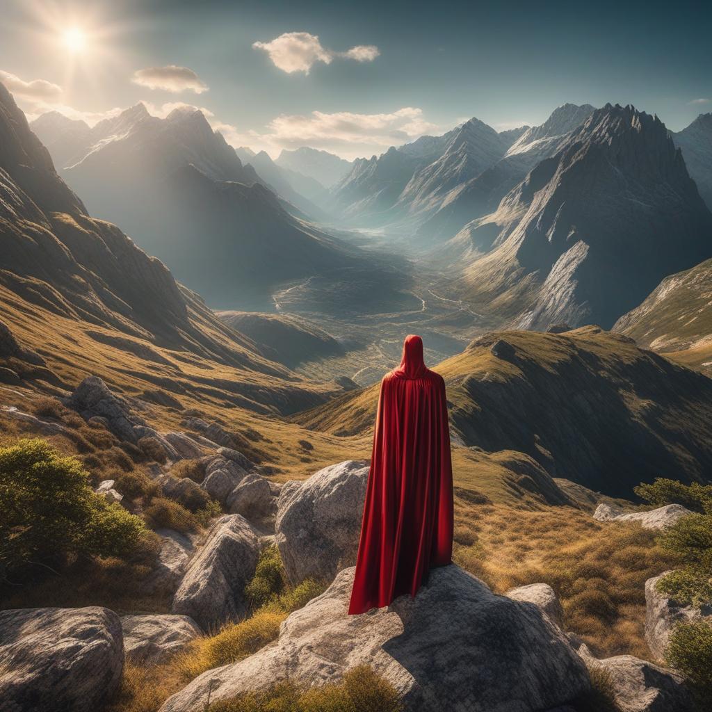  a superhero in a mountain range, highly detailed, cinematic lighting, stunningly beautiful, intricate, sharp focus, (centered image composition), (professionally colour graded), ((bright soft diffused light)), hdr 4k, 8k