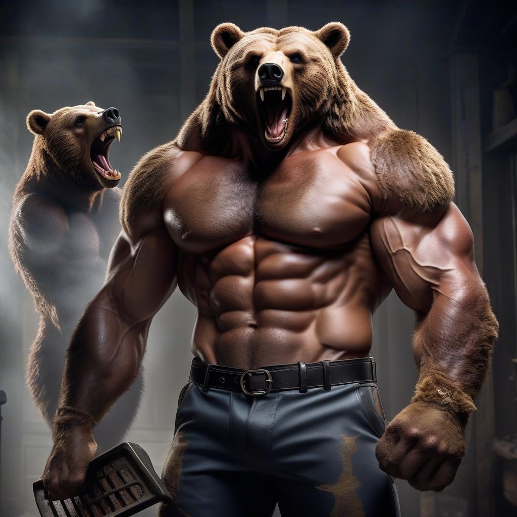  tall, muscular man, strong build, with the features of a bear, thick sideburns, bared a fang mouth in a grill, he is dressed in the skin of a bear, in the hands of a cuckoo