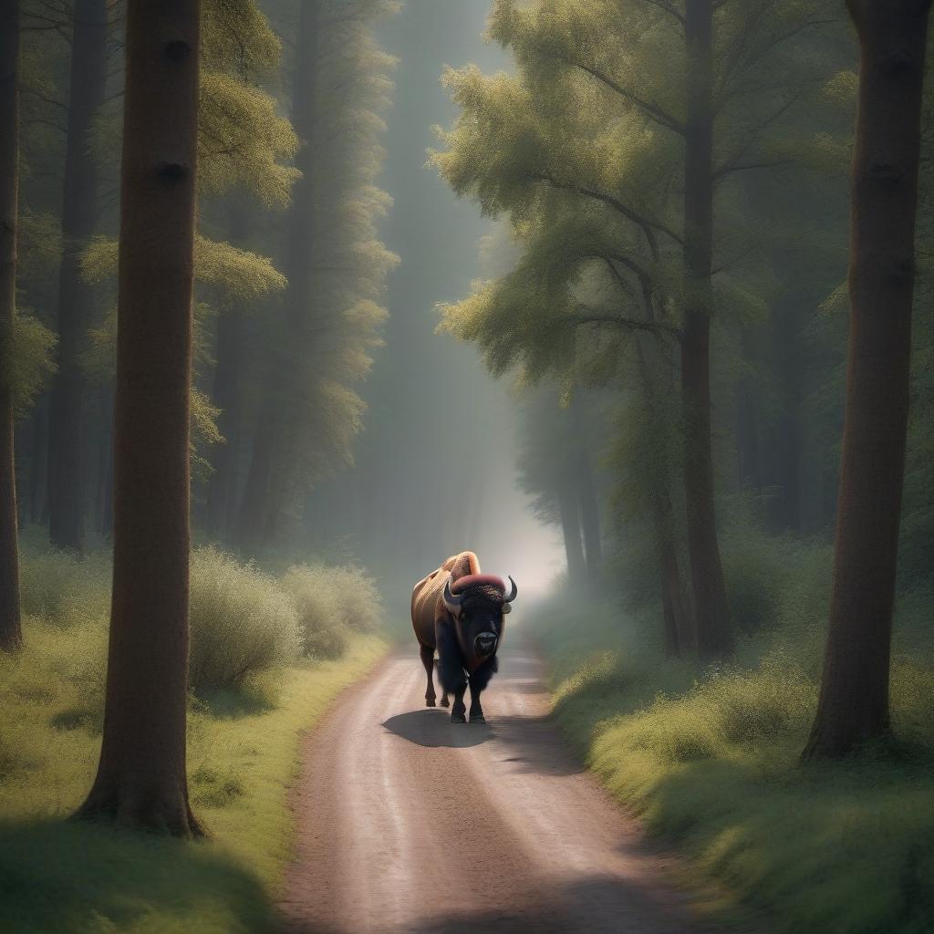  Bison hyperrealistic, full body, detailed clothing, highly detailed, cinematic lighting, stunningly beautiful, intricate, sharp focus, f/1. 8, 85mm, (centered image composition), (professionally color graded), ((bright soft diffused light)), volumetric fog, trending on instagram, trending on tumblr, HDR 4K, 8K