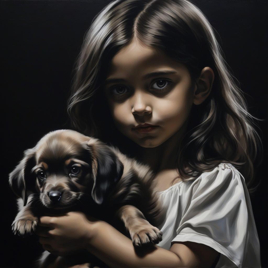  masterpiece. a girl on a black background. a girl with a puppy. graphic painting.