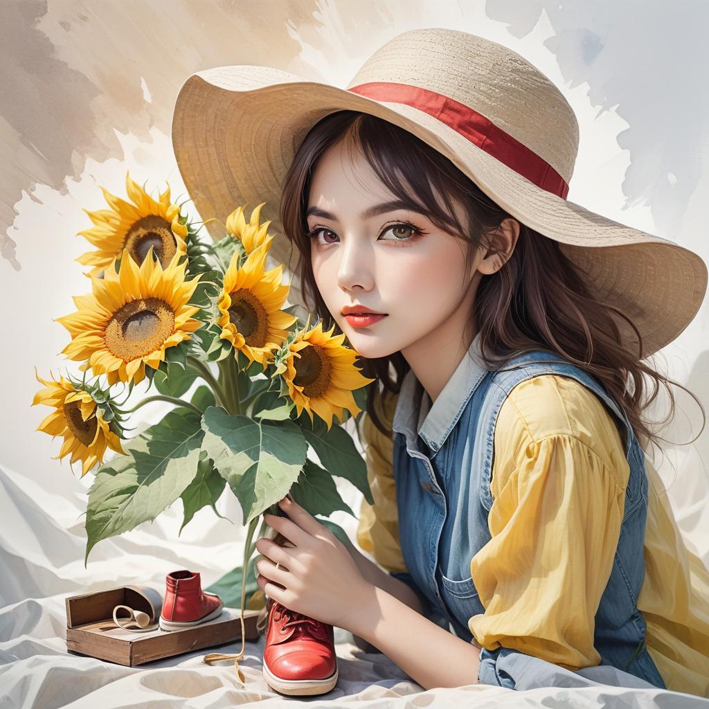  watercolor painting,instaport style, portrait of eight or old with a sunflower silk and a broken red cotton shoe on her feet, with a hat on her head [multi color watercolors with a white background], haze, film photography, light ethereal leaks, sharp focus, intricate highly detailed acrylic painting, palette knife and brush strokes, trending on artstation, trending on pixiv fanbox