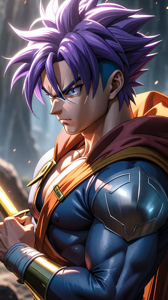  future trunks from dragon ball z reflecting on his shattered sword, contemplating his need for personal growth, anime art hyperrealistic, full body, detailed clothing, highly detailed, cinematic lighting, stunningly beautiful, intricate, sharp focus, f/1. 8, 85mm, (centered image composition), (professionally color graded), ((bright soft diffused light)), volumetric fog, trending on instagram, trending on tumblr, HDR 4K, 8K