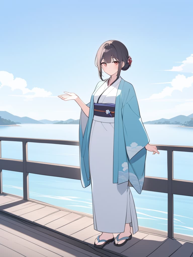  anime girl in kimono outfit standing on a pier overlooking the ocean,in kimono,in a kimono,inspired by nishikawa sukenobu,wearing a kimono,cute anime waifu in a nice dress,wearing kimono,wearing a haori,classic kimono,japanese kimono,yukata clothing,classy yukata clothing,artwork in the style of guweiz,kimono