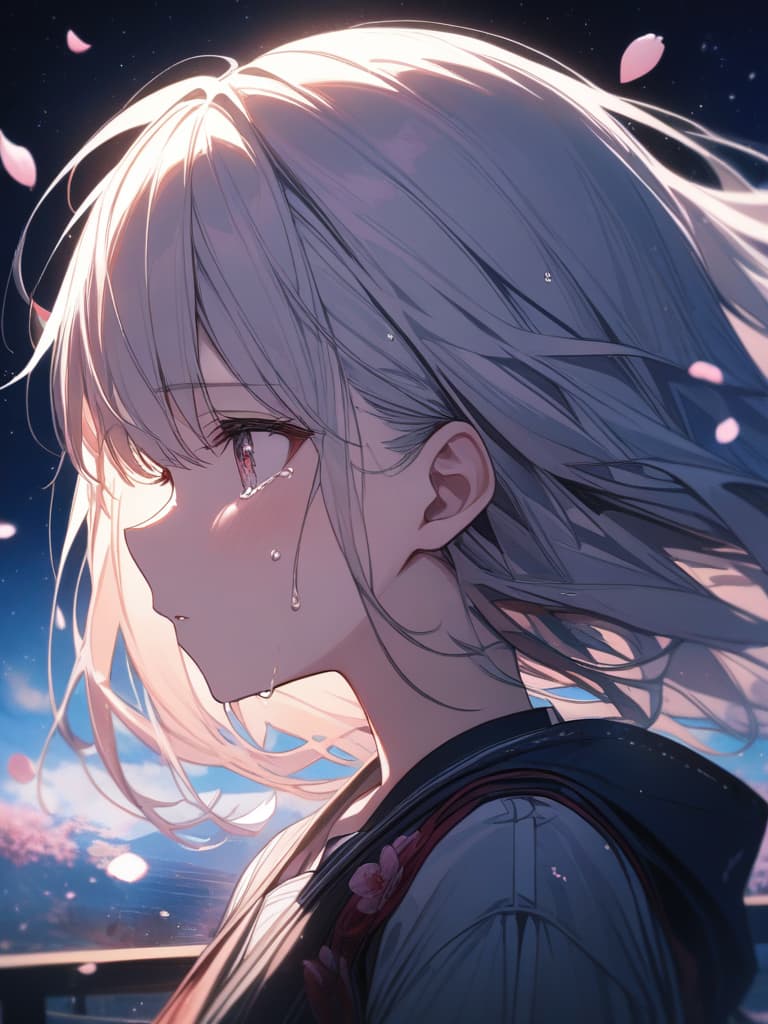  moon, starry sky, looking up at the sky, tears, girls, painful, cherry blossoms, cherry blossom petals scatter, profile, loli, crying, masterpiece, best quality,8k,ultra detailed,high resolution,an extremely delicate and beautiful,hyper detail