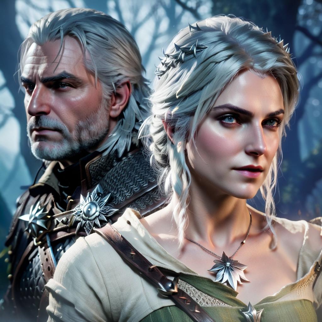  dreamscape portrait of ciri zirilla and geralt from the witcher 3 . surreal, ethereal, dreamy, mysterious, fantasy, highly detailed, t shirt design