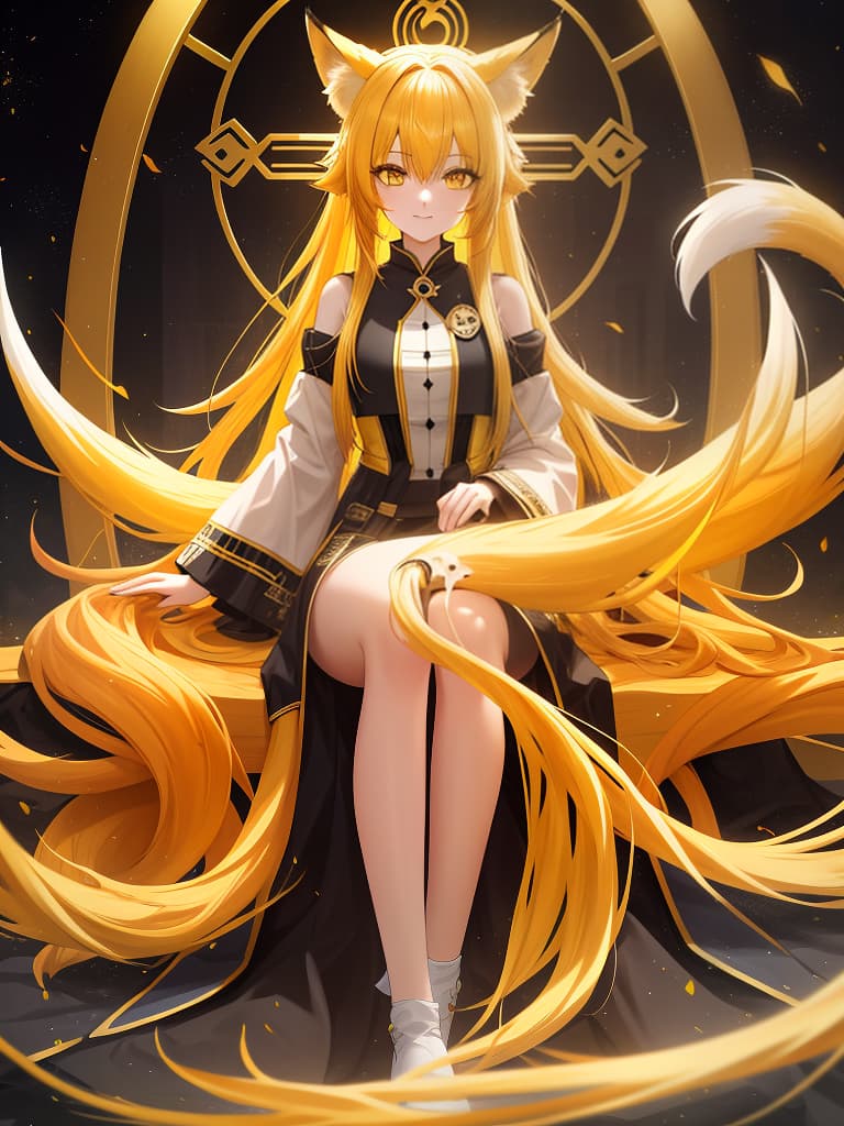  fox's ear girl, yellow hair, nine tail fox, long hair, masterpiece, best quality,8k,ultra detailed,high resolution,an extremely delicate and beautiful,hyper detail