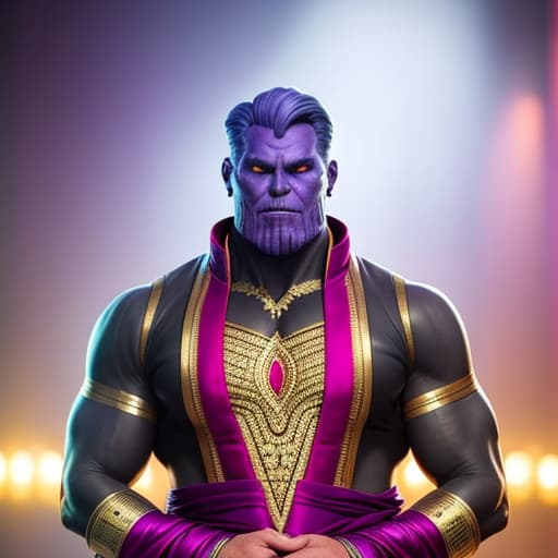  thanos wearing indian traditional cloths hyperrealistic, full body, detailed clothing, highly detailed, cinematic lighting, stunningly beautiful, intricate, sharp focus, f/1. 8, 85mm, (centered image composition), (professionally color graded), ((bright soft diffused light)), volumetric fog, trending on instagram, trending on tumblr, HDR 4K, 8K