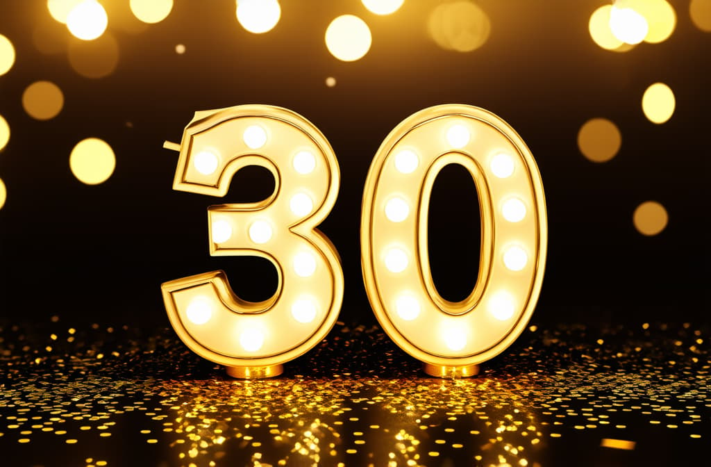  number 30 with golden bokeh lights and confetti, festive birthday celebration ar 3:2 {prompt}, maximum details