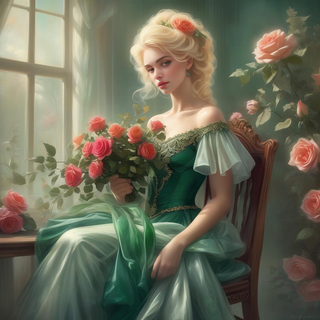  blond damsel adorned in an emerald tress dress, posed languidly upon a wooden chair, tenderly holding a vibrant bouquet of roses, elegance and beauty captured in a fantasy art style portrait by anna katharina block, portrayed in a stunning digital painting, ultra clear, ethereal nature, capturing the baroque essence of the victorian era, fantastic realism, captivating digital stencil