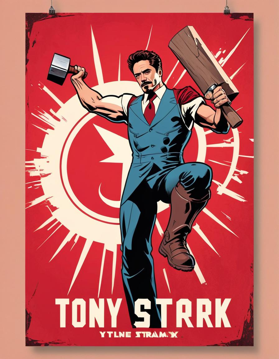  advertising poster style tony stark with a hammer, style soviet poster, red background, hammer in hand, hits an anvil . professional, modern, product focused, commercial, eye catching, highly detailed