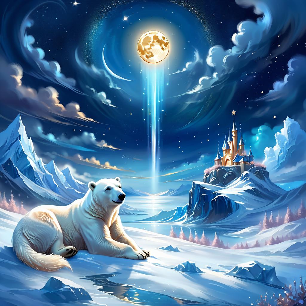  ethereal fantasy concept art of your neighbours are asleep the polar bears, sleep fast, too, little one. the clouds are breaking and the moon like a fish # and the moon like a fish and above it, glittering, like a pack of ice (style):fantasy, fairy tale, dream, magic, clouds, softness, polar lights, (colours):white, soft blue, dark blue, golden, rose gold, bluish silver. . magnificent, celestial, ethereal, painterly, epic, majestic, magical, fantasy art, cover art, dreamy