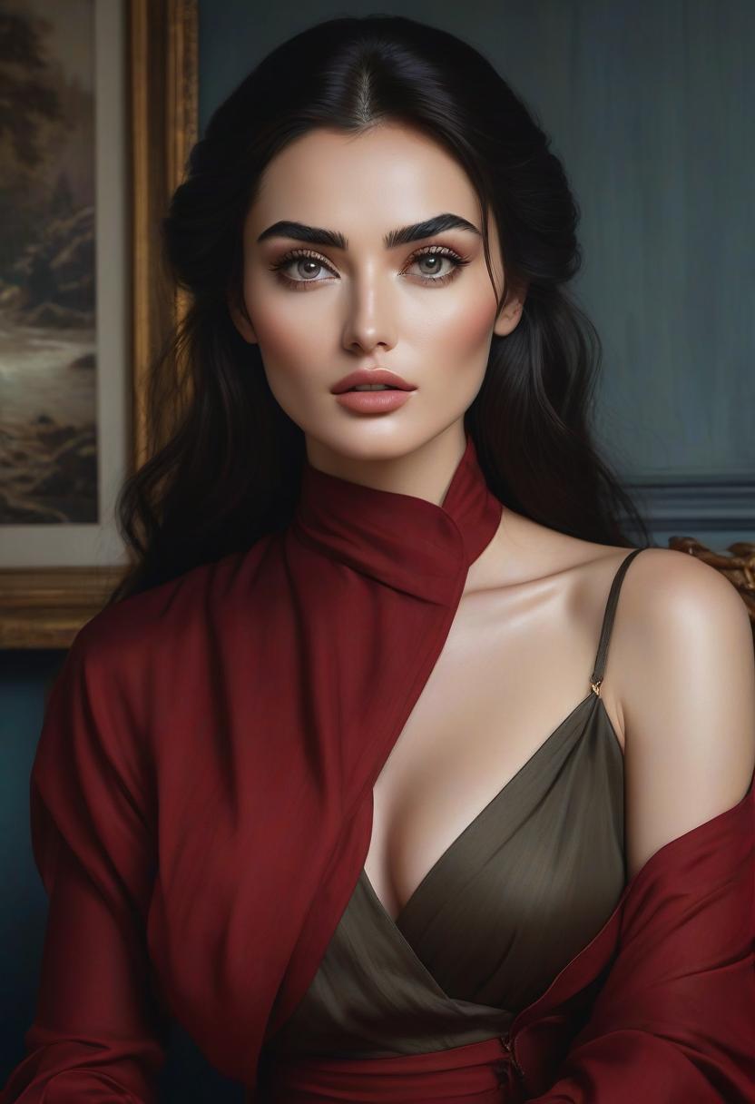  create a detailed image in a painted style that portrays a dark haired in a tense scene. focus on the bright faces and the emotional dynamics of the scene. description of the 's appearance: combines grace and exquisite features with softer and sweeter features. face is ovary with stuns and slightly tall boilers, with soft and delicate features. big and bright, dark and deep eyes. the eyes may be complemented by an elegant of eyebrows, creating an effect of a fascinating view. long hairs can be dark and dense, but with soft waves or light salmons. events occur in kazani in 1990. hyperrealistic, full body, detailed clothing, highly detailed, cinematic lighting, stunningly beautiful, intricate, sharp focus, f/1. 8, 85mm, (centered image composition), (professionally color graded), ((bright soft diffused light)), volumetric fog, trending on instagram, trending on tumblr, HDR 4K, 8K