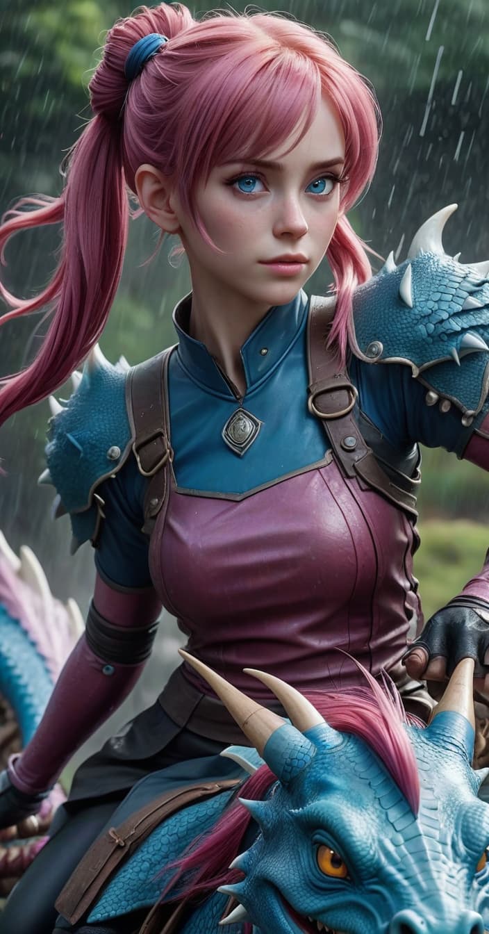  realistic photos of cinematic quality. 2, big s, sharp s, pink hair, blue eyes, two pigtails, skin. riding a dragon. it is raining.