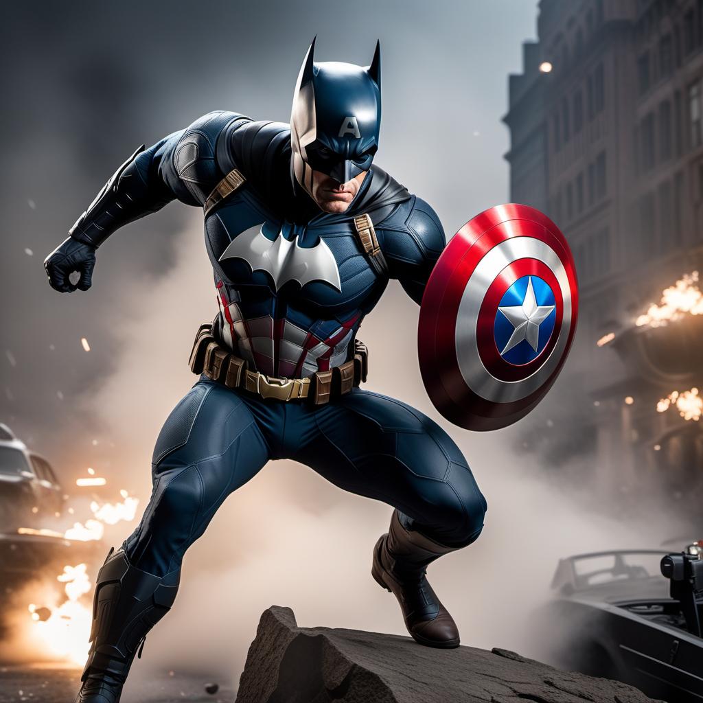  A highly detailed comic-style character design combining Batman and Captain America. The character should mix Batman's stealthy, dark suit and gadgets with Captain America's patriotic color scheme and iconic shield. Integrate features such as Batman's cowl, cape, and utility belt with Captain America's star emblem, armor plating, and shield. The character should be in a dynamic action-oriented pose, showcasing both Batman's stealth and intelligence and Captain America's strength and leadership. hyperrealistic, full body, detailed clothing, highly detailed, cinematic lighting, stunningly beautiful, intricate, sharp focus, f/1. 8, 85mm, (centered image composition), (professionally color graded), ((bright soft diffused light)), volumetric fog, trending on instagram, trending on tumblr, HDR 4K, 8K