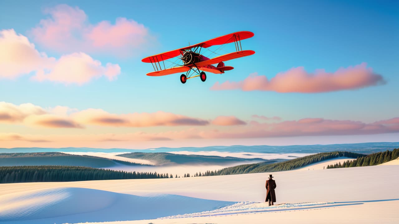  a vintage scene depicting the wright brothers' first flight in 1903, showcasing a wooden biplane soaring over a snowy landscape, with onlookers in period attire, and a clear blue sky filled with soft clouds. hyperrealistic, full body, detailed clothing, highly detailed, cinematic lighting, stunningly beautiful, intricate, sharp focus, f/1. 8, 85mm, (centered image composition), (professionally color graded), ((bright soft diffused light)), volumetric fog, trending on instagram, trending on tumblr, HDR 4K, 8K