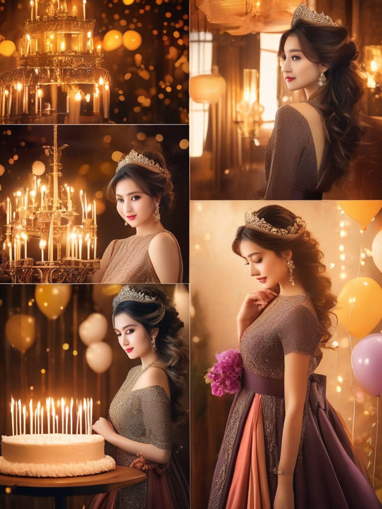  woman, birthday photoshoot, luxurious setting, elegant attire, glamorous hairstyle, intricate decorations, realistic photographic style, soft studio lighting, warm tones, detailed props, cozy atmosphere, close up shots, medium shot, 50mm lens, highly detailed photo, sharp details, best quality, 4k, raw photo.