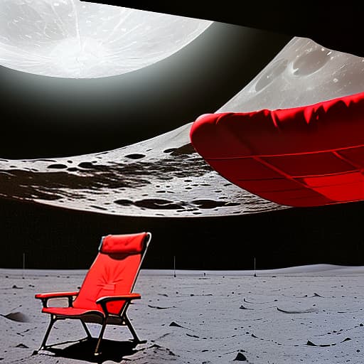  horizontal perspective, 3 red chairs in zero gravity are located above the surface of the moon, in the background you can see the earth