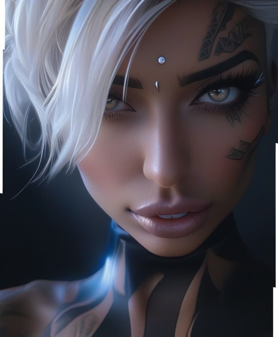  an image of a woman with piercings on her head hyperrealistic, full body, detailed clothing, highly detailed, cinematic lighting, stunningly beautiful, intricate, sharp focus, f/1. 8, 85mm, (centered image composition), (professionally color graded), ((bright soft diffused light)), volumetric fog, trending on instagram, trending on tumblr, HDR 4K, 8K