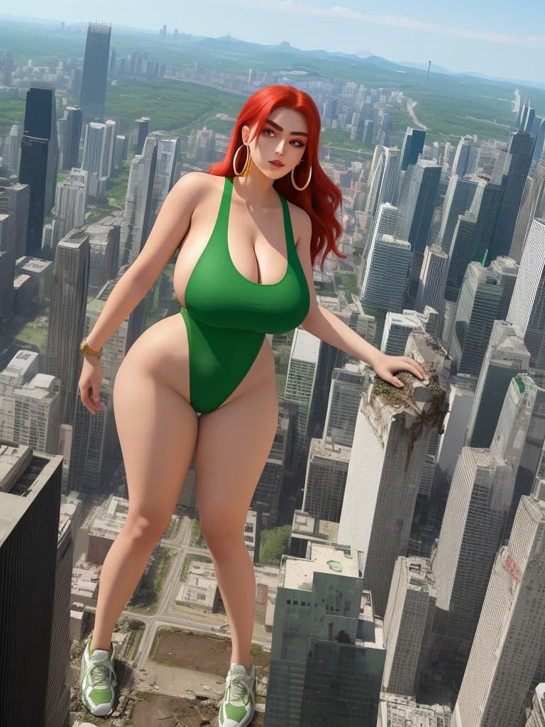  masterpiece, best quality, a giantess with arched eyebrows and a smirk, wearing a green solid color one piece with high cut legs and side , stands among the destruction of a city. her huge s and wide hips contrast with her sneakers, hoop earrings, and long red hair. the cracks on the ground emphasize her mive size as she looks down with her golden eyes at the crushed buildings below. the aerial view captures the full body of the in 8k resolution, creating a best quality masterpiece of destruction and power. (photography, dramatic lighting, high resolution camera settings)