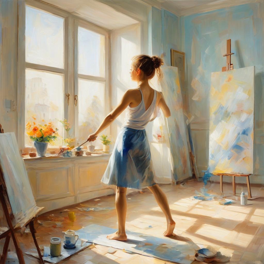  painting. young of doing morning exercises in a bright room in the style of painting by artist yablonskaya.