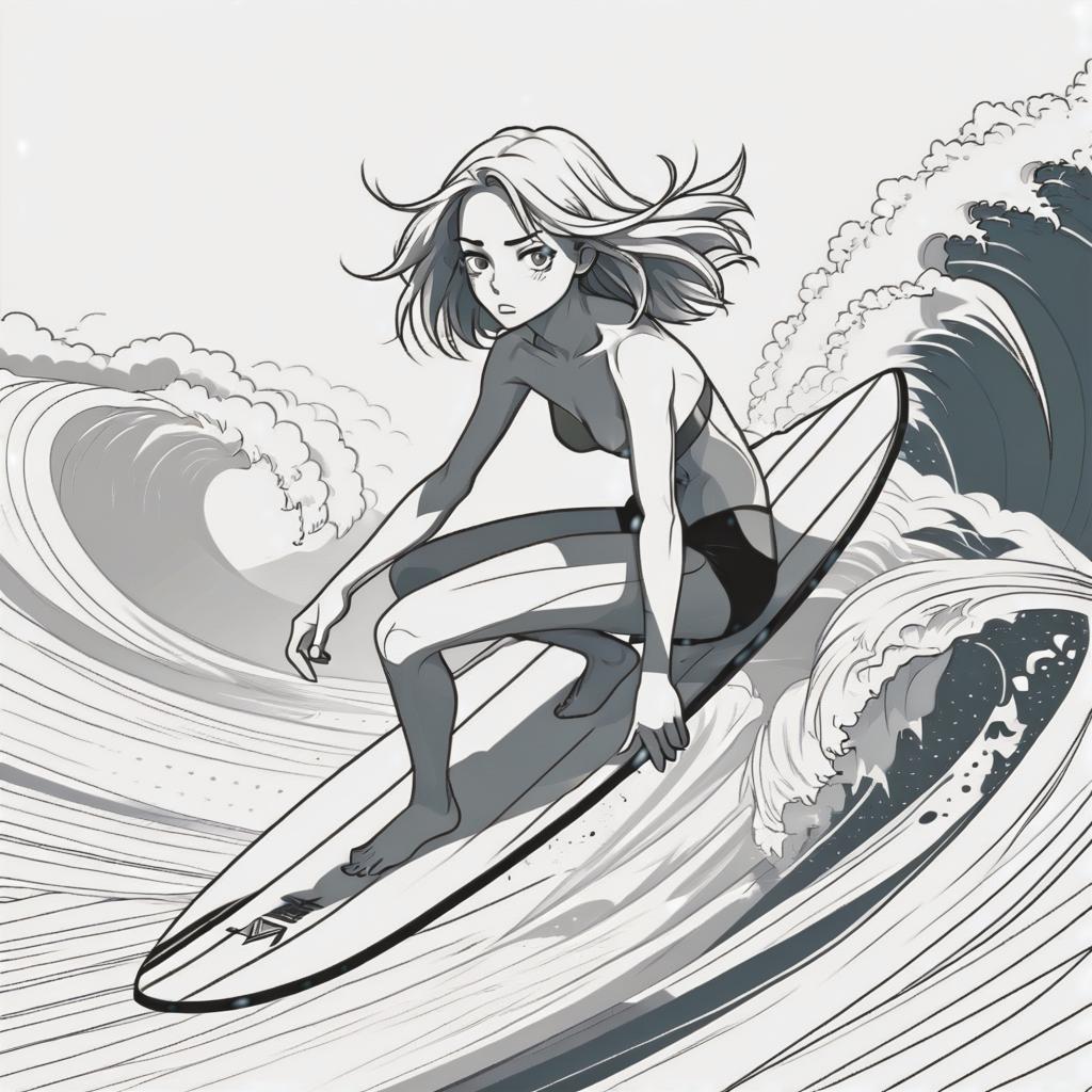  line art drawing surfer girl, same nightmare. anime style . professional, sleek, modern, minimalist, graphic, line art, vector graphics