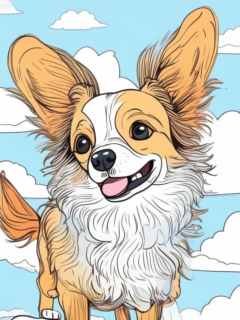  masterpiece,best work,(((cloud in the shape of (a dog: breed: papillon) ☁))),(((only cloud))),(((outlines only))),cartoonish expression,blue sky background,comical,easy,simple pattern,simple picture,crayon line