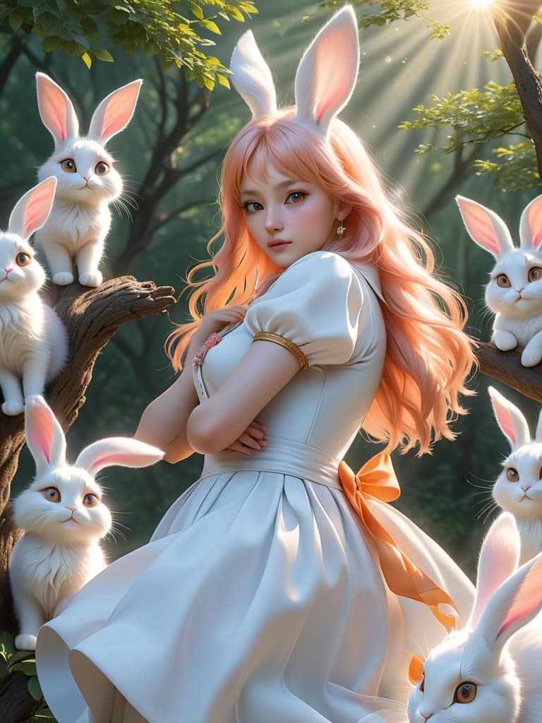  puss in the arms of rabbits, with their tails swaying slightly, in the context of the branches of trees and the shining sun. cats, with soft orange hair and bright big eyes, rabbits, covered in white hair。 photo realistic, highly intricate and detailed, masterpiece, ultra high res,photography,8k resolution