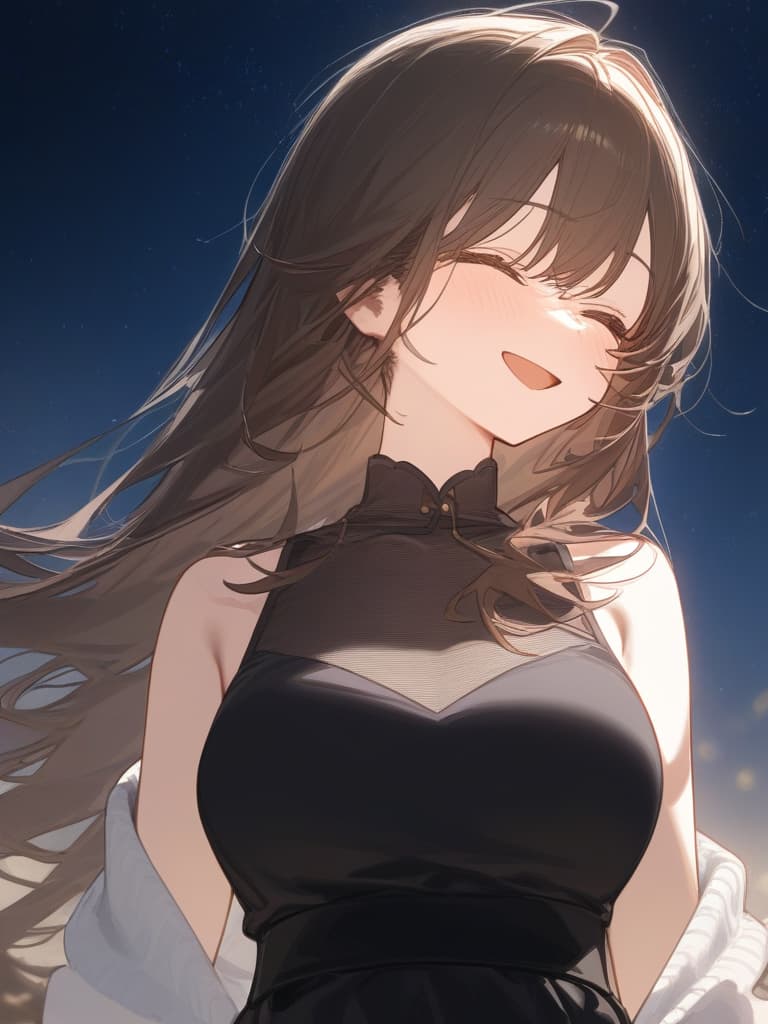  a girl who is laughing at me, bright brown hair, long hair, transparent fleeting, facing here, laughing, under the starry sky, facing here, i am looking at me, wearing a white cardigan over the black sleeveless dress, above the chest, masterpiece, best quality,8k,ultra detailed,high resolution,an extremely delicate and beautiful,hyper detail