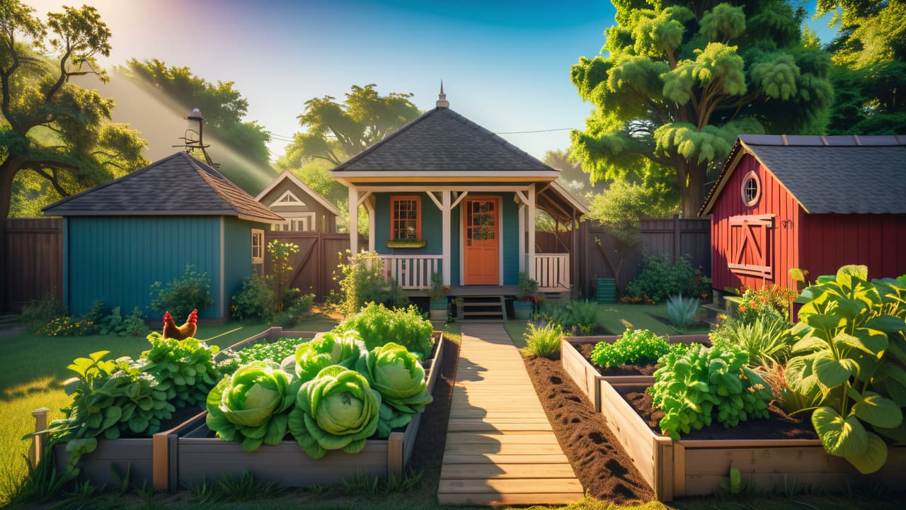  a vibrant urban homestead in texas, featuring a lush vegetable garden, small fruit trees, a chicken coop, and a cozy cottage, all surrounded by a wooden fence, under a clear blue sky. hyperrealistic, full body, detailed clothing, highly detailed, cinematic lighting, stunningly beautiful, intricate, sharp focus, f/1. 8, 85mm, (centered image composition), (professionally color graded), ((bright soft diffused light)), volumetric fog, trending on instagram, trending on tumblr, HDR 4K, 8K