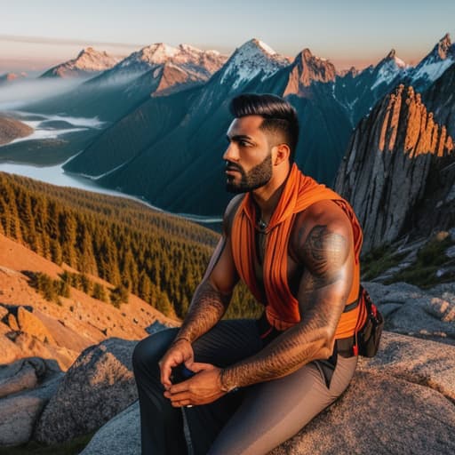  Lengend hanuman sitting on mountain at sunset hyperrealistic, full body, detailed clothing, highly detailed, cinematic lighting, stunningly beautiful, intricate, sharp focus, f/1. 8, 85mm, (centered image composition), (professionally color graded), ((bright soft diffused light)), volumetric fog, trending on instagram, trending on tumblr, HDR 4K, 8K