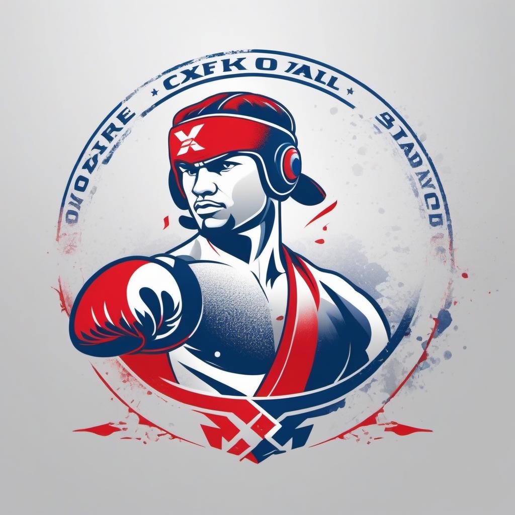  Draw a logo for OXXFIRE, a company that sells wholesale boxing and martial arts products. The colors are white, blue and red. The figure of a boxer in the center. The OXXFIRE inscription.