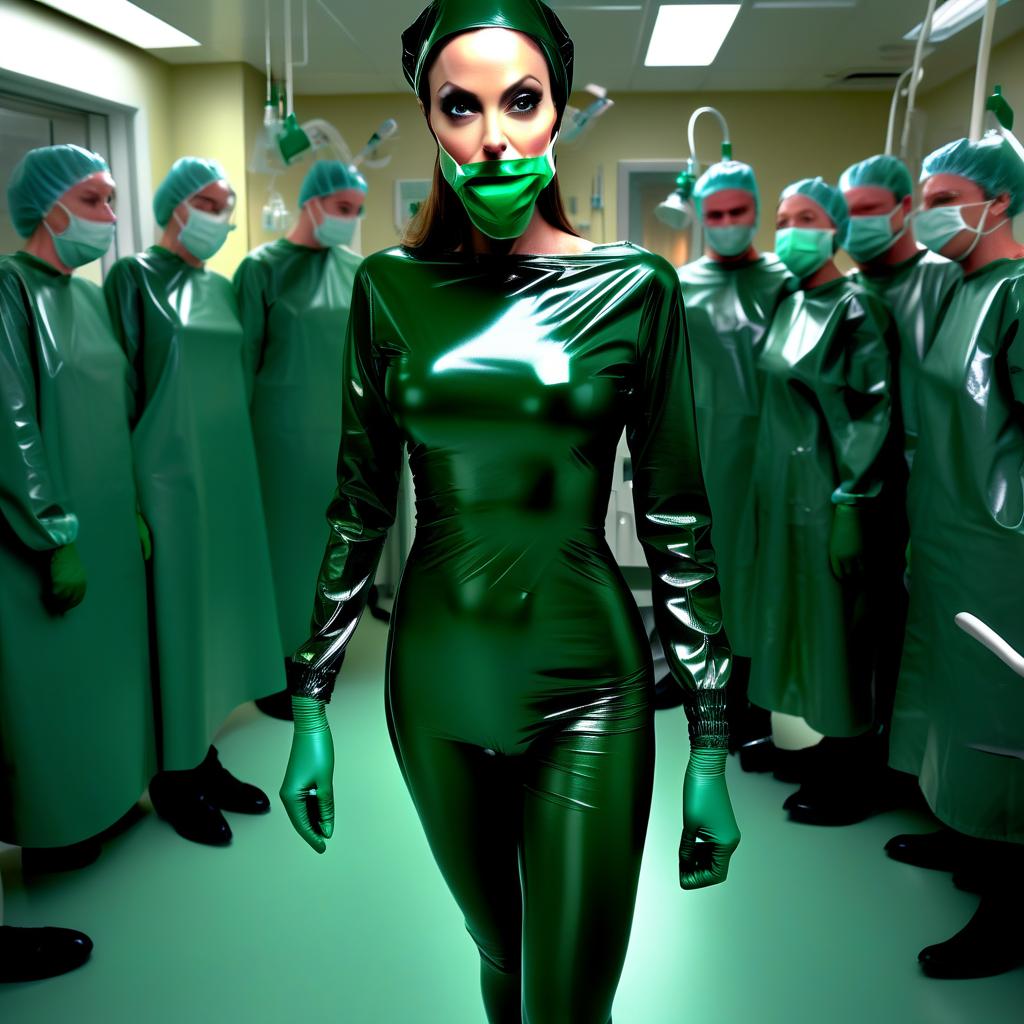  hyperdetailed, standing alone, full length, front view, full face, face of angelina jolie, mistress surgical nurse in background of operating room, fully dressed in glossy latex, knee length surgical gown with elastic waistband, long sleeves with elastic cuffs, all made of glossy dark green latex, on head surgical beret, fully concealing hair, made of glossy dark green latex, on face surgical mask with ribbon ties, made of glossy dark green latex, from under which only emerald green eyes are visible, ankle length pants made of glossy dark green latex, knee length knee high protective shoe covers over the pants, on flat non slip soles, without heels, for work in the operating room, made of glossy dark green latex, surgical gloves covering th